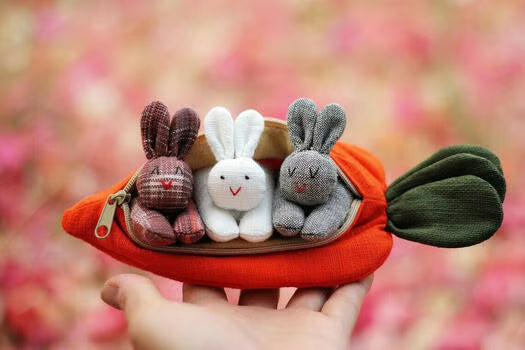Three handcrafted fabric bunnies nestled inside an orange carrot-shaped zippered pouch