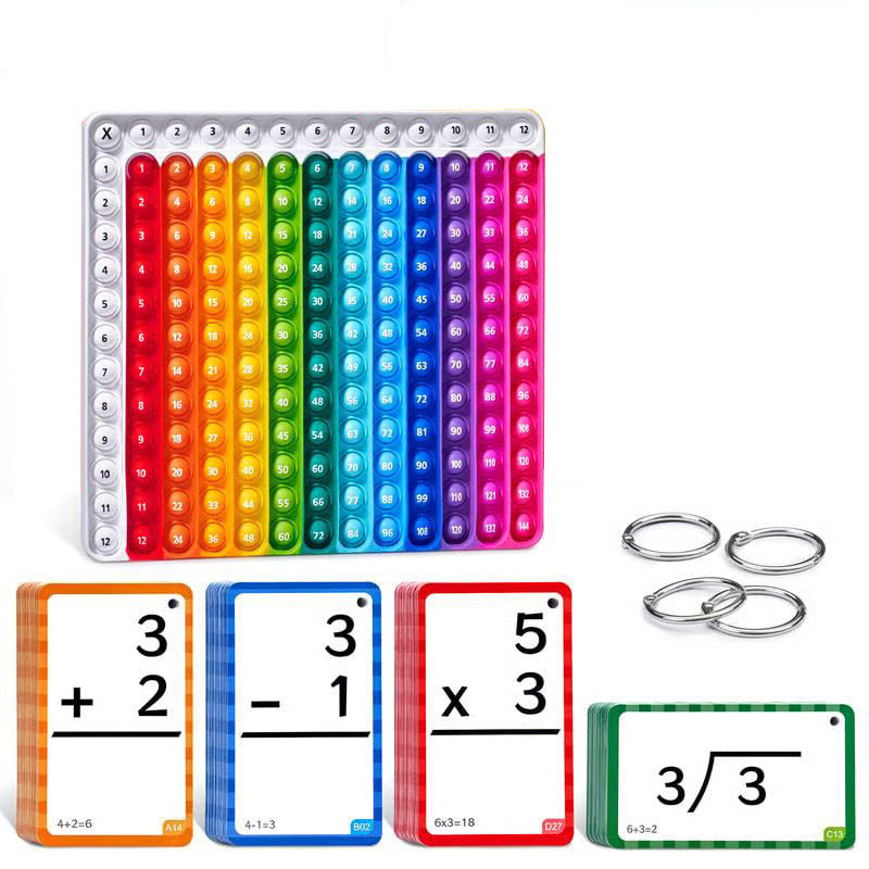 Rainbow silicone math pop fidget mat with colorful multiplication grid and 288 math flash cards