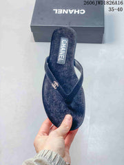 Chanel Navy Thong Sandals with Logo Detail
