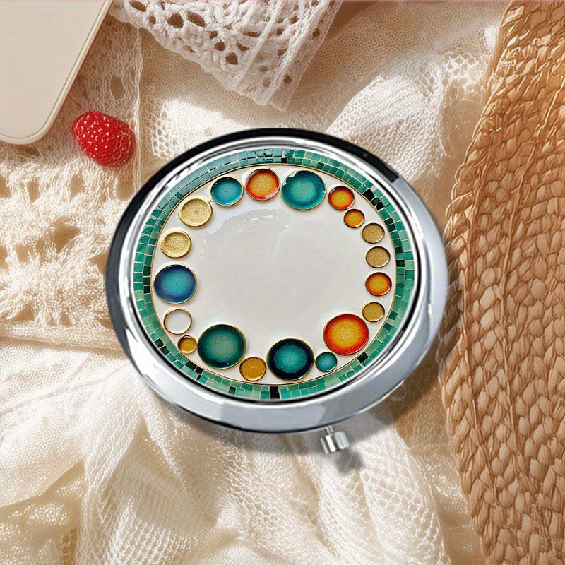 1pc Round Flip Makeup Mirror, Chic and Durable Decorative plate with circular motifs Stylish Makeup Mirror, Lightweight for Gifting, Metallic Shine