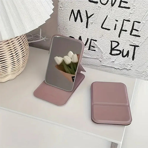 1 Elegant Folding Mini Makeup Mirror with PU Stand, Portable Glass Vanity Tabletop and Hand Wash-Friendly - Perfect for Dorms & Desktops – Daily Essential, Dorm Room Musthave, Compact Design, Smooth Finish, Students Essentials, Beauty Enthusiasts