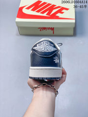 Jordan 1 Low Travis Scott Stüssy-Style Sneakers, White and Navy