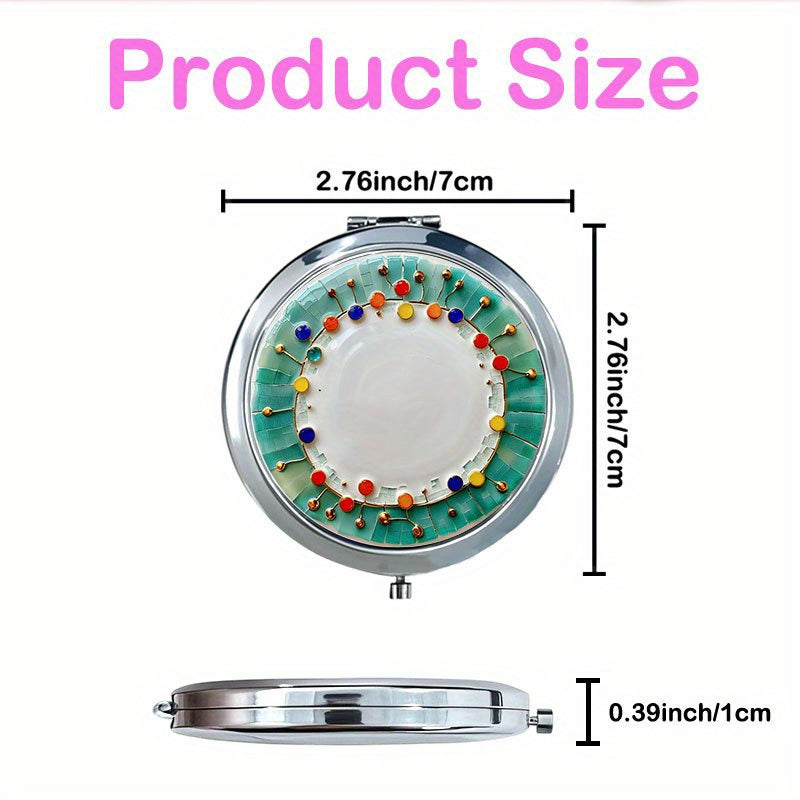 1pc Compact Flip Pocket Mirror, Polished and Modern Decorated plate with colorful elements Travel Makeup Mirror, Durable Metal, Lightweight for Outings, Polished Modern Look