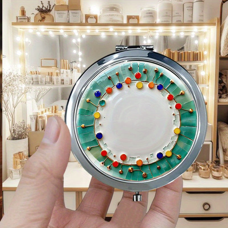 1pc Compact Flip Pocket Mirror, Polished and Modern Decorated plate with colorful elements Travel Makeup Mirror, Durable Metal, Lightweight for Outings, Polished Modern Look