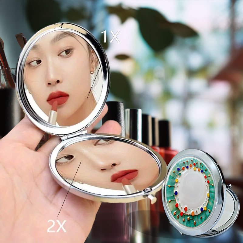 1pc Compact Flip Pocket Mirror, Polished and Modern Decorated plate with colorful elements Travel Makeup Mirror, Durable Metal, Lightweight for Outings, Polished Modern Look