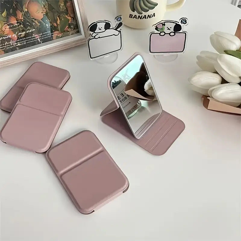 1 Elegant Folding Mini Makeup Mirror with PU Stand, Portable Glass Vanity Tabletop and Hand Wash-Friendly - Perfect for Dorms & Desktops – Daily Essential, Dorm Room Musthave, Compact Design, Smooth Finish, Students Essentials, Beauty Enthusiasts