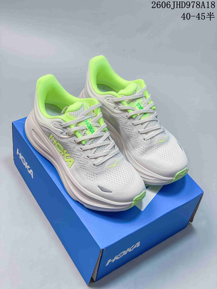 HOKA Bondi 9 Running Shoes in White and Lime