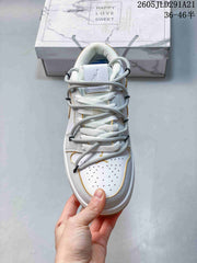 Air Jordan 1 Low White and Grey Sneakers with Gold Accents
