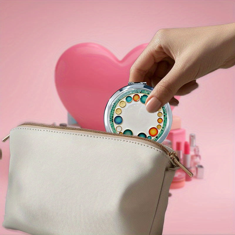 1pc Round Flip Makeup Mirror, Chic and Durable Decorative plate with circular motifs Stylish Makeup Mirror, Lightweight for Gifting, Metallic Shine