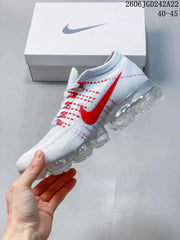 Nike VaporMax Flyknit Running Sneakers, White and Red