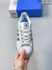 Adidas Superstar White and Green Shell-Toe Sneakers