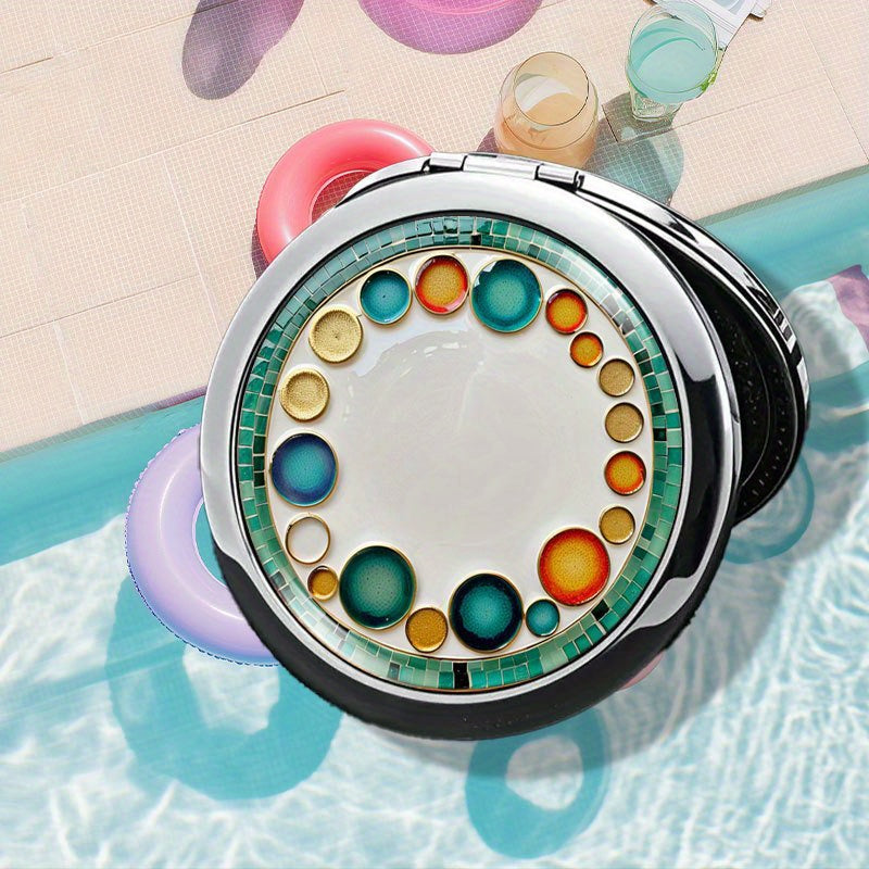 1pc Round Flip Makeup Mirror, Chic and Durable Decorative plate with circular motifs Stylish Makeup Mirror, Lightweight for Gifting, Metallic Shine