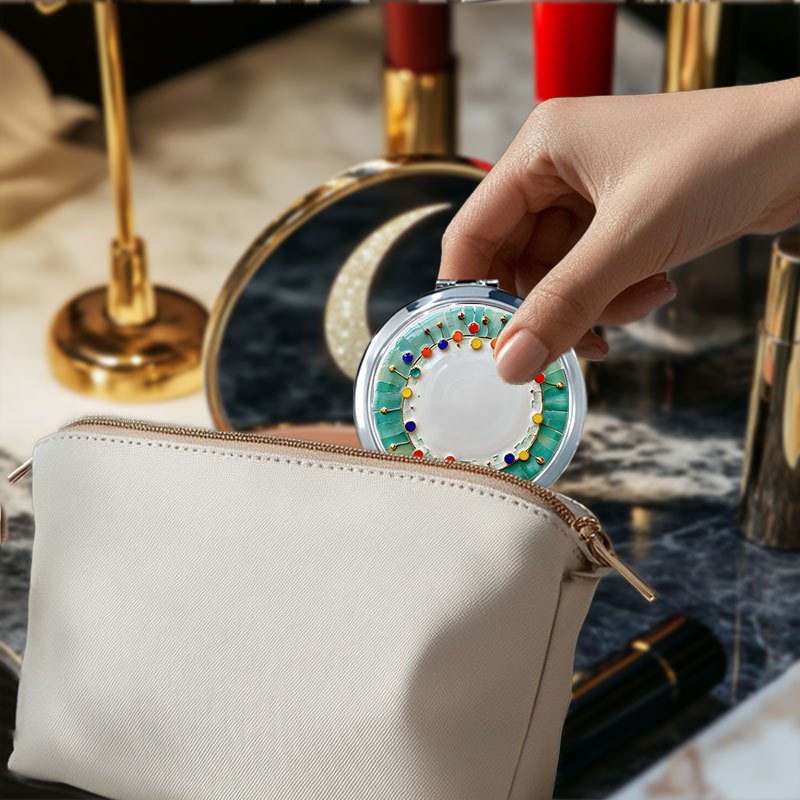 1pc Compact Flip Pocket Mirror, Polished and Modern Decorated plate with colorful elements Travel Makeup Mirror, Durable Metal, Lightweight for Outings, Polished Modern Look