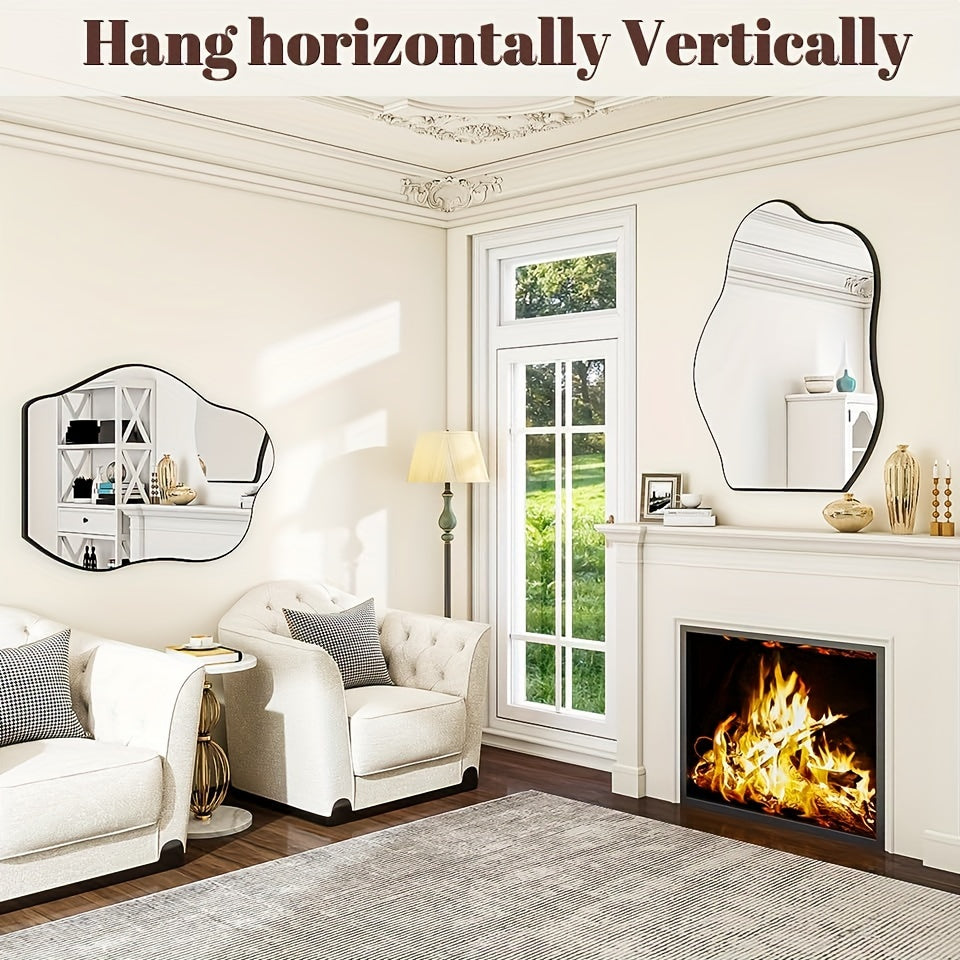 Elegant Asymmetrical Wall Mirror with Wooden Frame - Unique Irregular Shape, Lightweight, Oil-Rubbed Finish for Chic Decor in Living Room, Bedroom, Entryway, Hallway, Mirror Wall Decor