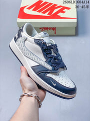 Jordan 1 Low Travis Scott Stüssy-Style Sneakers, White and Navy