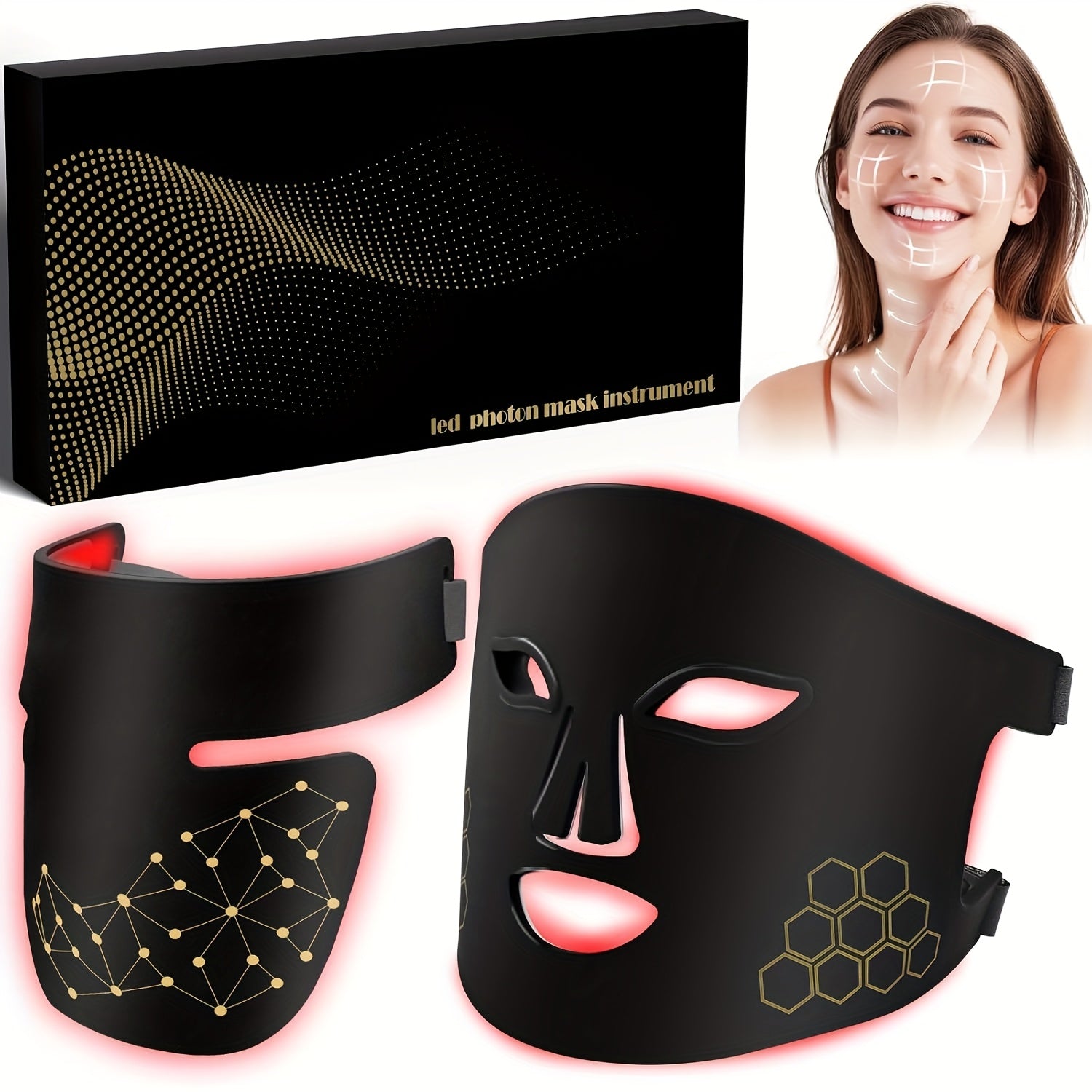 4-Color LED Light Relax Mask with Neck Strap - USB Rechargeable 2000mAh, Bendable Design for Face & Neck, Portable Light Beige Care Tool for Valentine's Day & Festive Gifts, Stylish Beauty Accessory | Honeycomb Structure, Light Relax for Face
