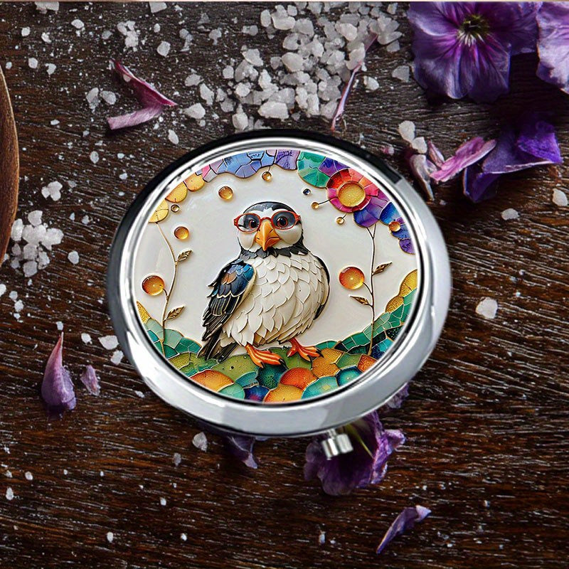 1pc 1X\u002F2X Magnification Flip Mirror, Lightweight Design Colorful puffin with red glasses Home Decor Mirror, Portable for Trips, Elegant Metal Craft