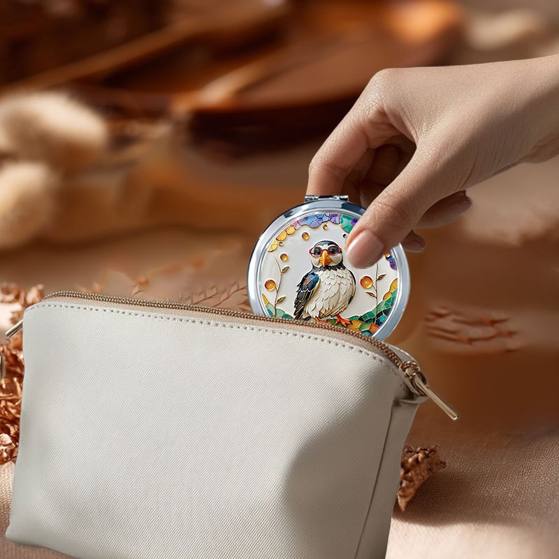 1pc 1X\u002F2X Magnification Flip Mirror, Lightweight Design Colorful puffin with red glasses Home Decor Mirror, Portable for Trips, Elegant Metal Craft