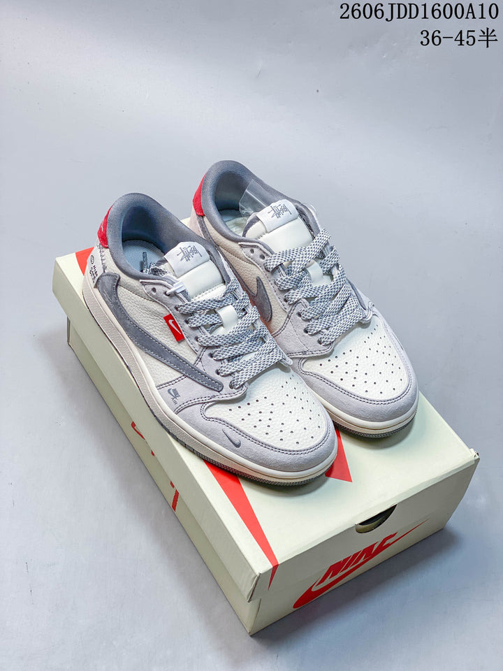 Jordan 1 Low Travis Scott x Stüssy-Style Sneakers Grey Red