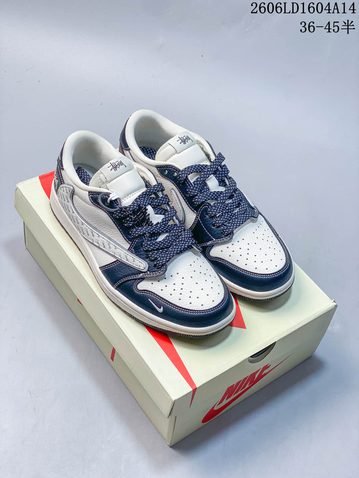 Jordan 1 Low Travis Scott Stüssy-Style Sneakers, White and Navy