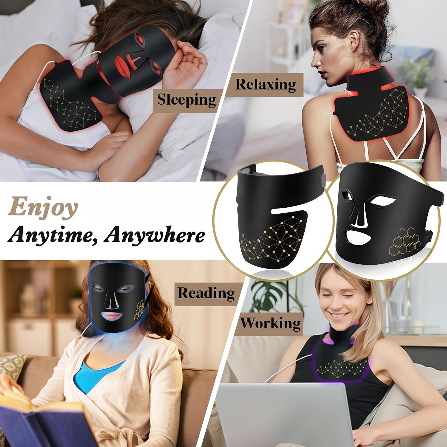 4-Color LED Light Relax Mask with Neck Strap - USB Rechargeable 2000mAh, Bendable Design for Face & Neck, Portable Light Beige Care Tool for Valentine's Day & Festive Gifts, Stylish Beauty Accessory | Honeycomb Structure, Light Relax for Face