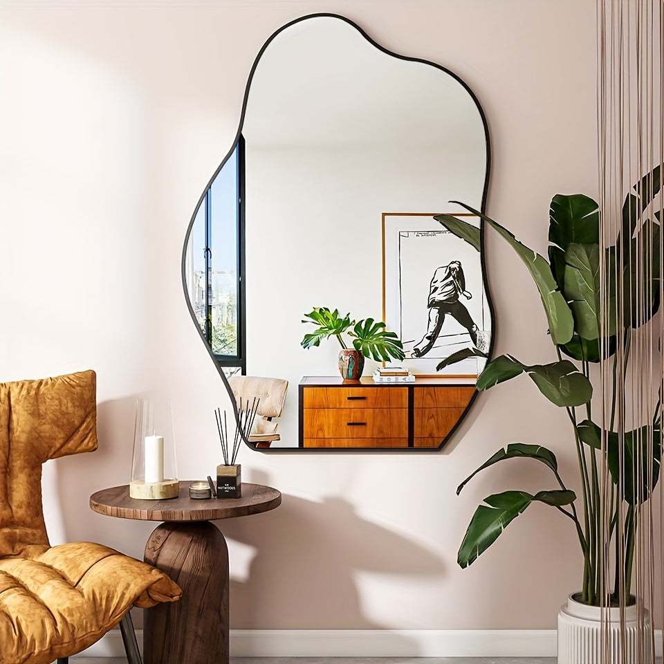 Elegant Asymmetrical Wall Mirror with Wooden Frame - Unique Irregular Shape, Lightweight, Oil-Rubbed Finish for Chic Decor in Living Room, Bedroom, Entryway, Hallway, Mirror Wall Decor