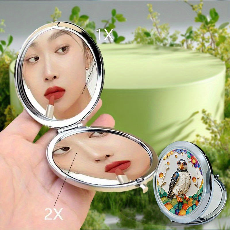 1pc 1X\u002F2X Magnification Flip Mirror, Lightweight Design Colorful puffin with red glasses Home Decor Mirror, Portable for Trips, Elegant Metal Craft