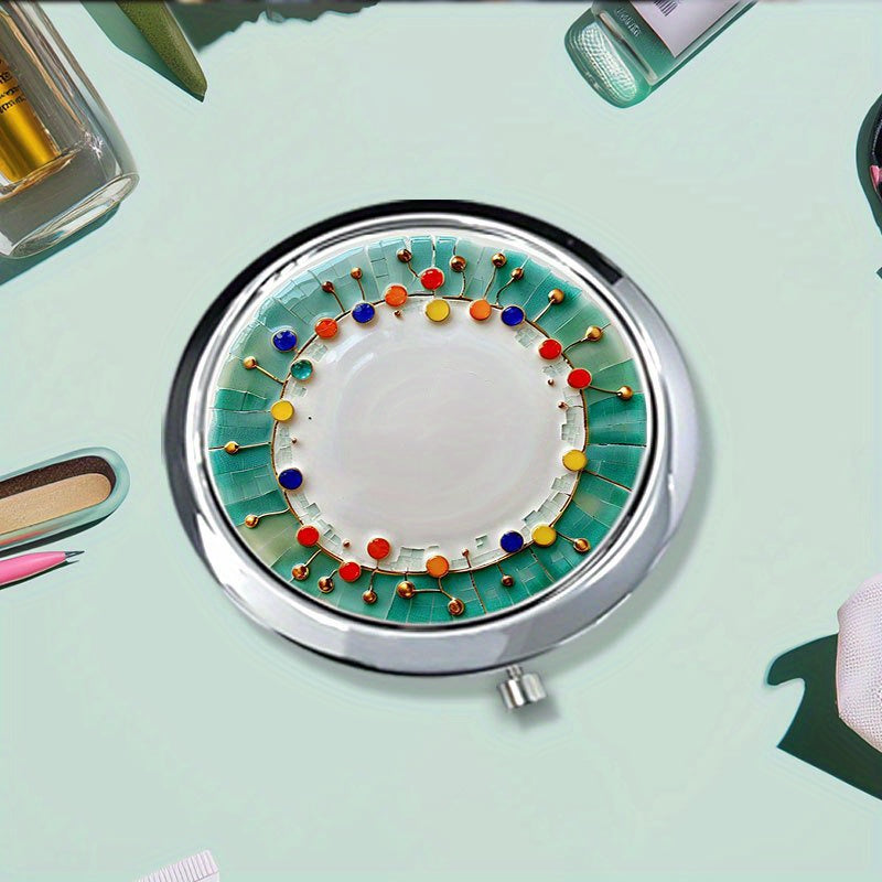 1pc Compact Flip Pocket Mirror, Polished and Modern Decorated plate with colorful elements Travel Makeup Mirror, Durable Metal, Lightweight for Outings, Polished Modern Look