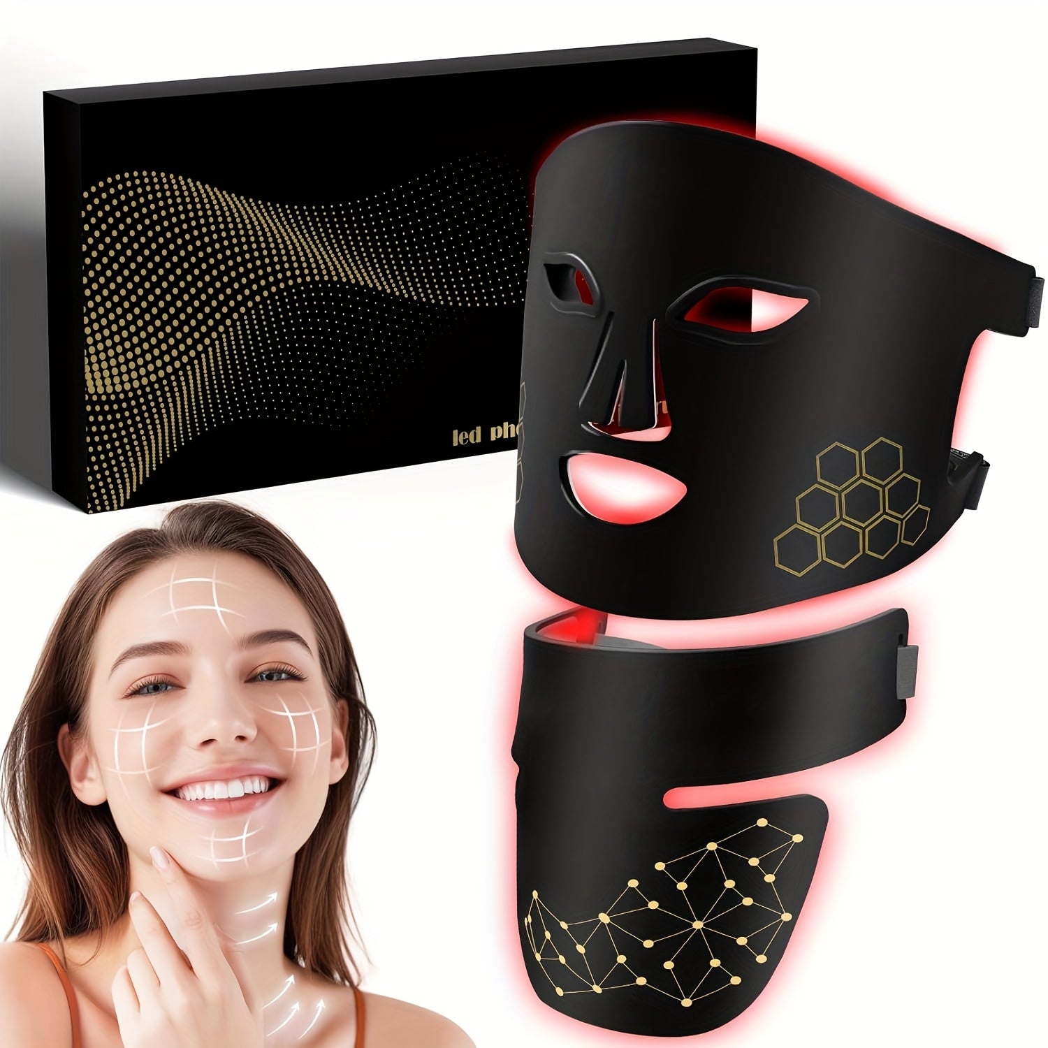 4-Color LED Light Relax Mask with Neck Strap - USB Rechargeable 2000mAh, Bendable Design for Face & Neck, Portable Light Beige Care Tool for Valentine's Day & Festive Gifts, Stylish Beauty Accessory | Honeycomb Structure, Light Relax for Face