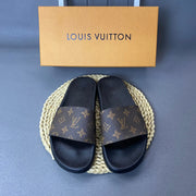 Louis Vuitton Monogram Slide Sandals with Black Footbed