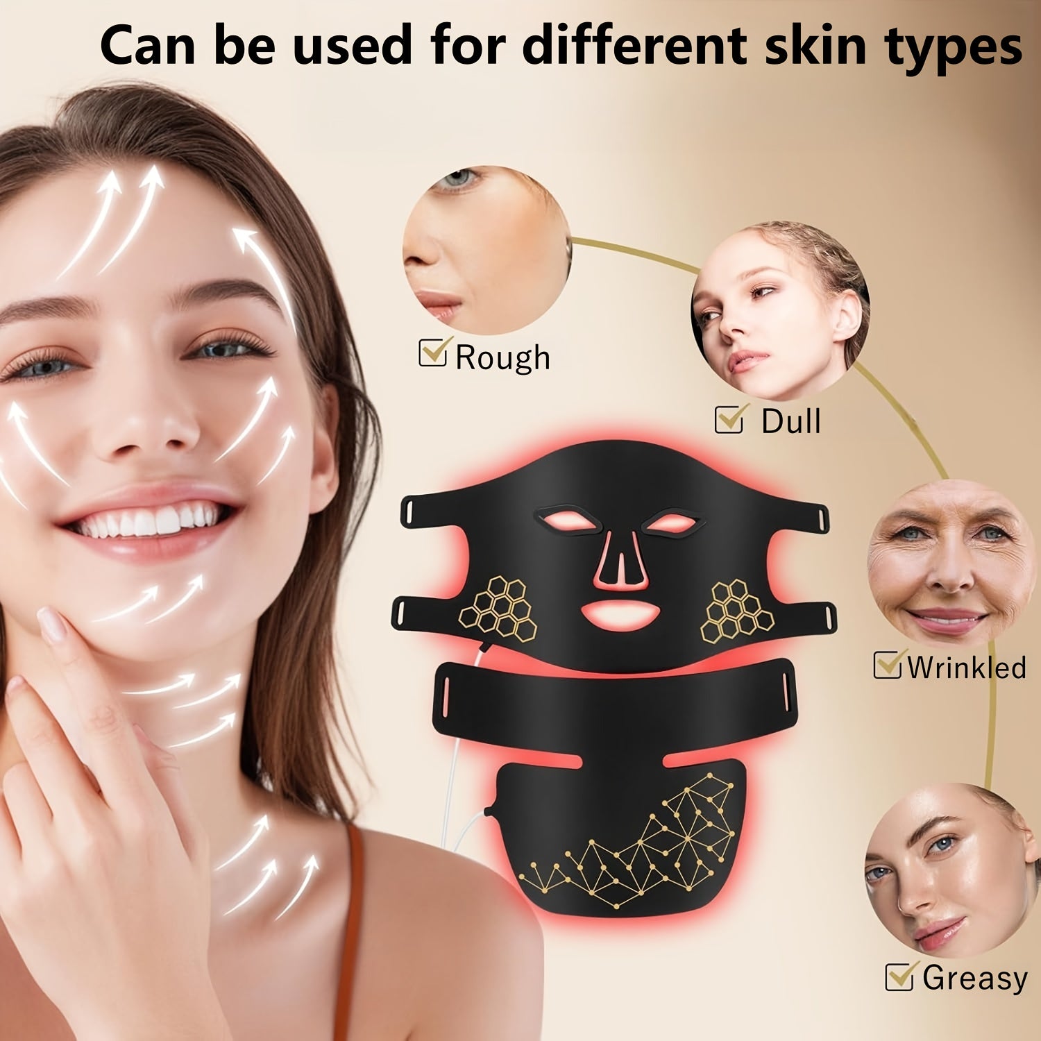 4-Color LED Light Relax Mask with Neck Strap - USB Rechargeable 2000mAh, Bendable Design for Face & Neck, Portable Light Beige Care Tool for Valentine's Day & Festive Gifts, Stylish Beauty Accessory | Honeycomb Structure, Light Relax for Face