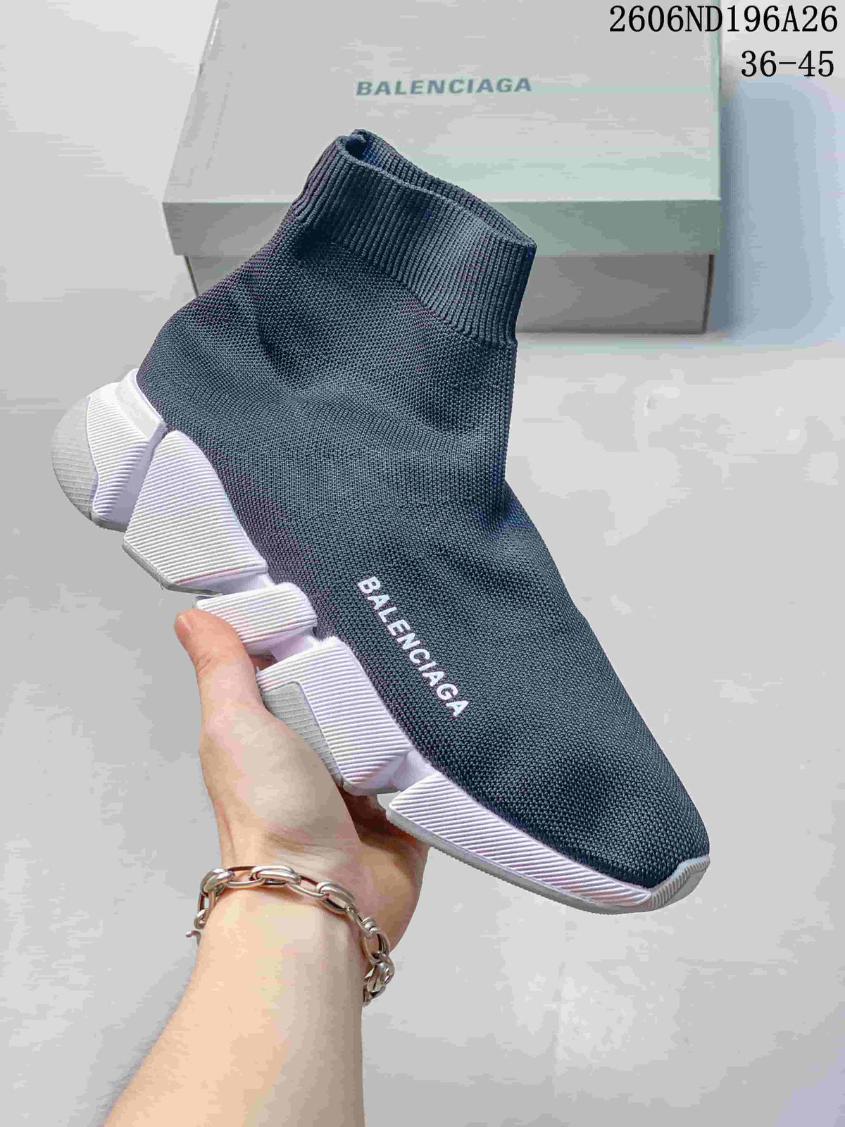 Balenciaga Sock-Style Knit Sneakers, Dark Blue and White