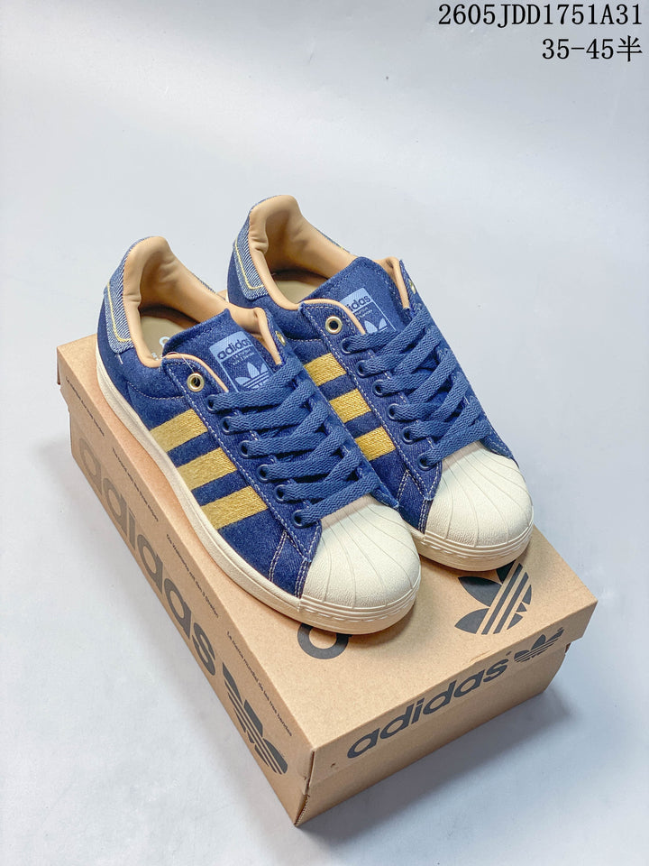 Adidas Superstar Blue Denim and Gold Sneakers