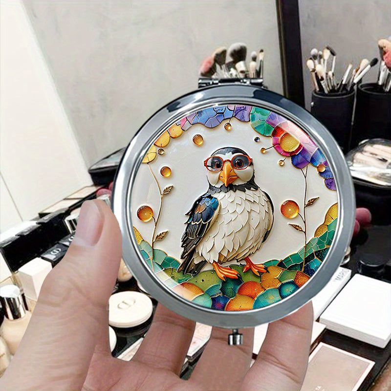 1pc 1X\u002F2X Magnification Flip Mirror, Lightweight Design Colorful puffin with red glasses Home Decor Mirror, Portable for Trips, Elegant Metal Craft